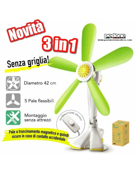 VENTILATORE DA TAVOLO PINZA FISSAGGIO REGOLABIE 5 PALE FLESSIBILI 42CM NO GRIGL.